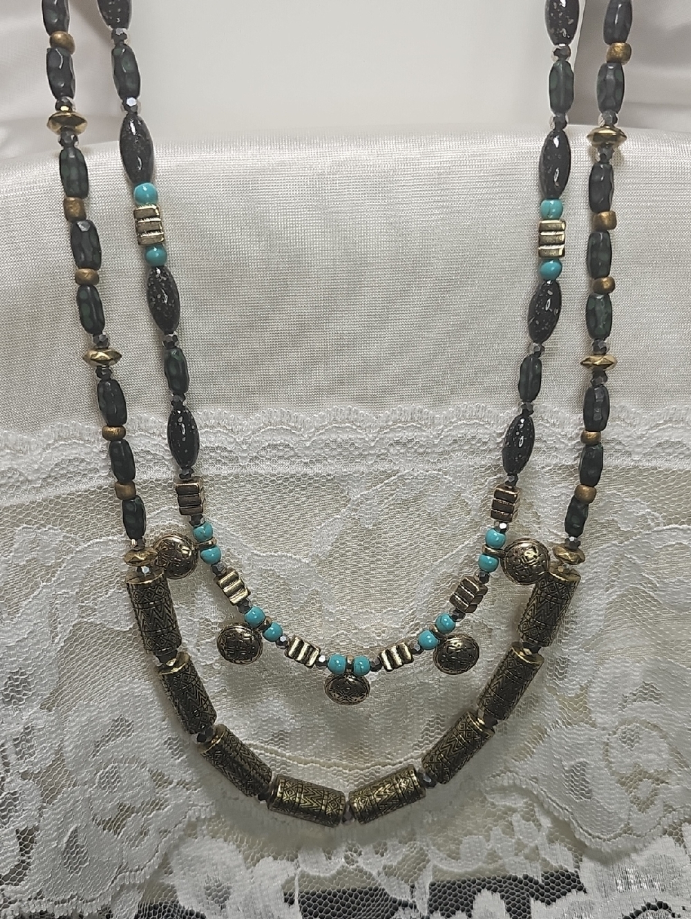 Premier Designs Long Black and Turquoise Layered Beaded Necklace